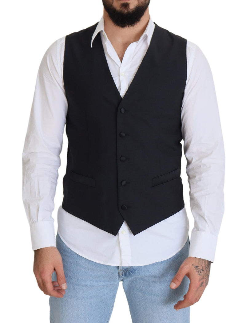 Black Wool Stretch Waistcoat Formal Vest-Dolce & Gabbana-LabelTerrace.com