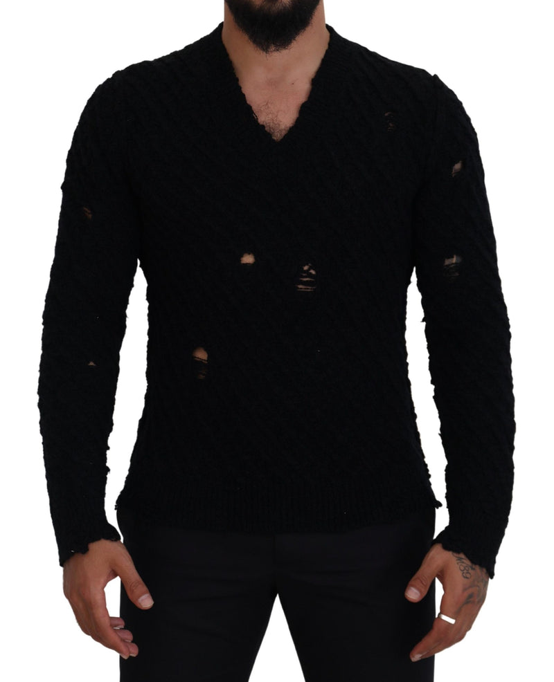 Black Wool V-neck Knitted Pullover Sweater-Dolce & Gabbana-LabelTerrace.com