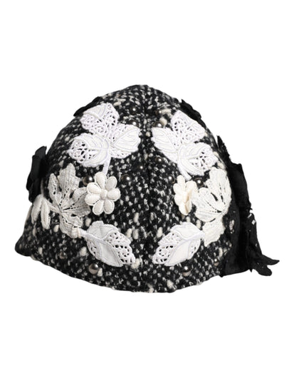 Black Wool White Floral Embellished Cloche Hat-Dolce & Gabbana-LabelTerrace.com