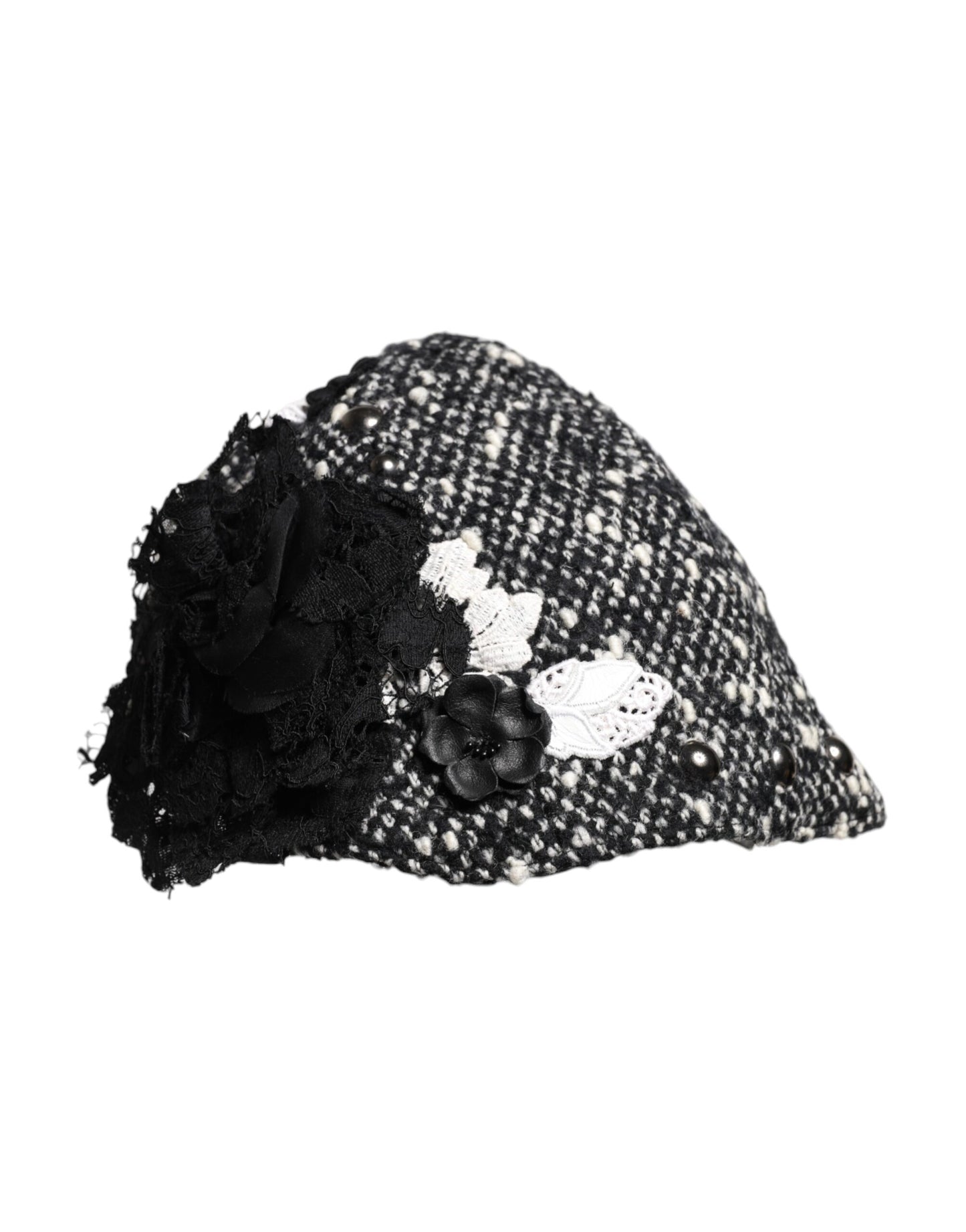 Black Wool White Floral Embellished Cloche Hat-Dolce & Gabbana-LabelTerrace.com