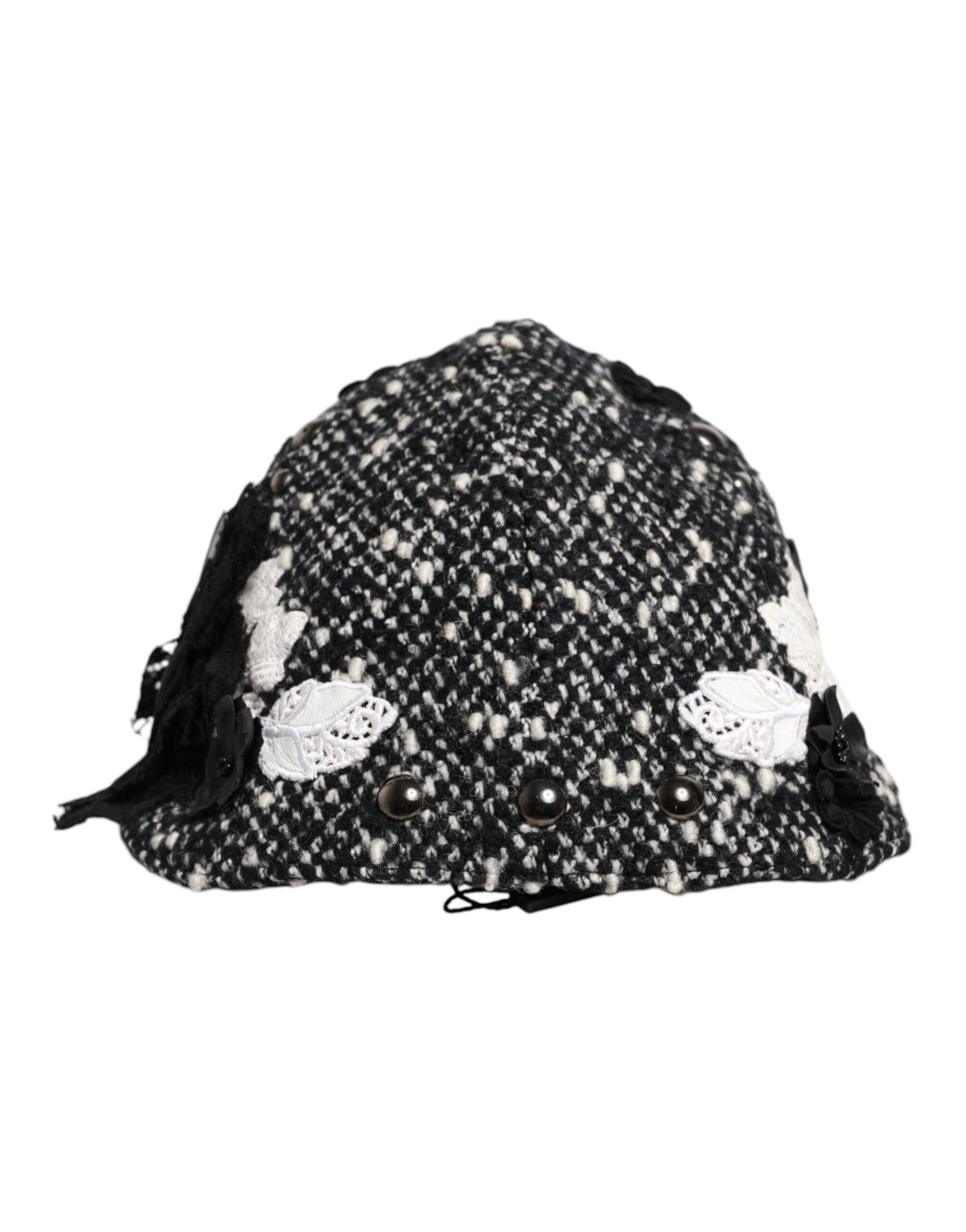 Black Wool White Floral Embellished Cloche Hat-Dolce & Gabbana-LabelTerrace.com