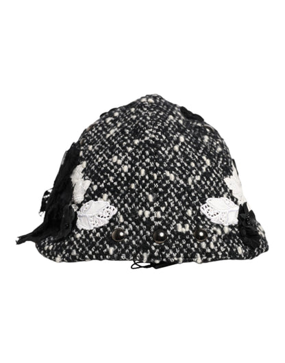 Black Wool White Floral Embellished Cloche Hat-Dolce & Gabbana-LabelTerrace.com