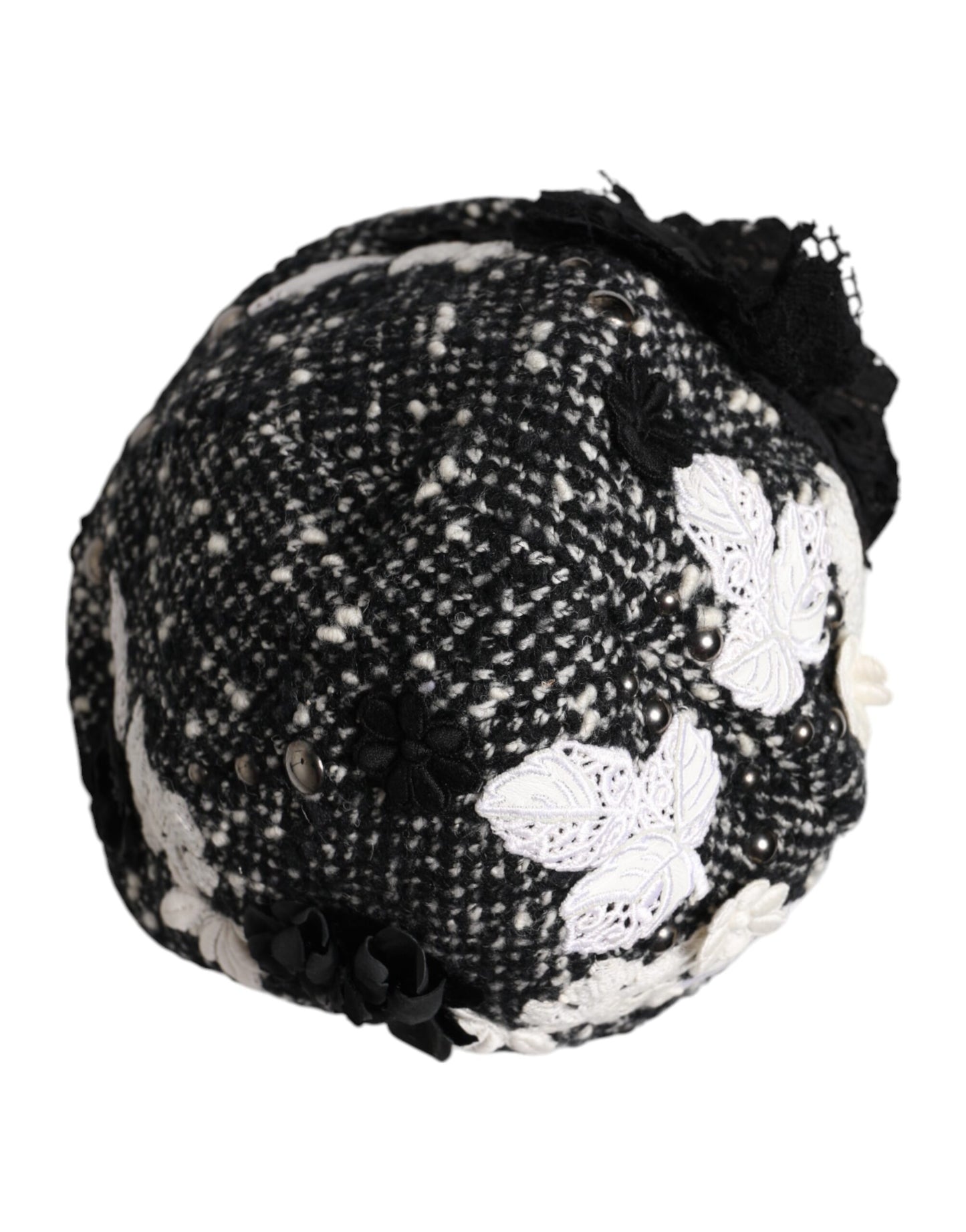 Black Wool White Floral Embellished Cloche Hat-Dolce & Gabbana-LabelTerrace.com