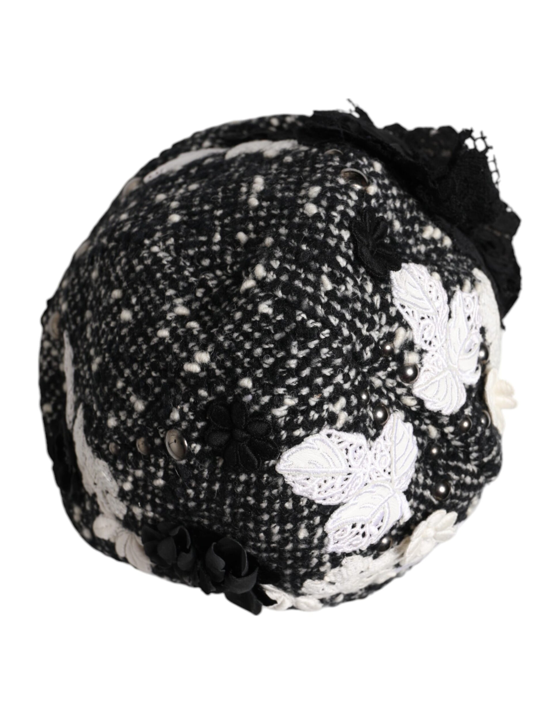 Black Wool White Floral Embellished Cloche Hat-Dolce & Gabbana-LabelTerrace.com