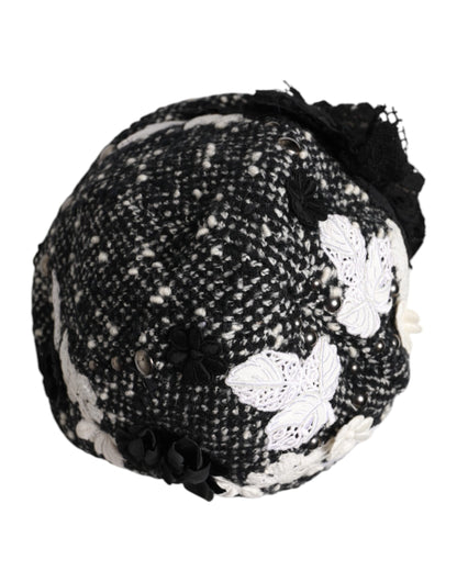 Black Wool White Floral Embellished Cloche Hat-Dolce & Gabbana-LabelTerrace.com