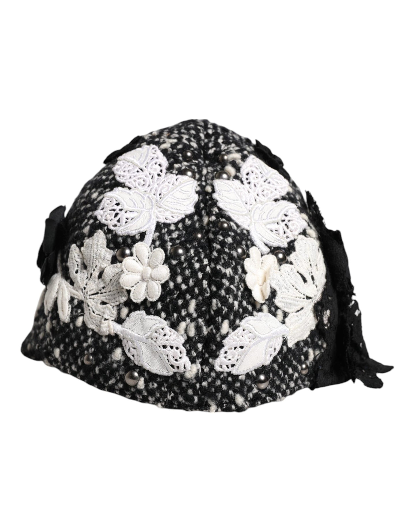 Black Wool White Floral Embellished Cloche Hat-Dolce & Gabbana-LabelTerrace.com