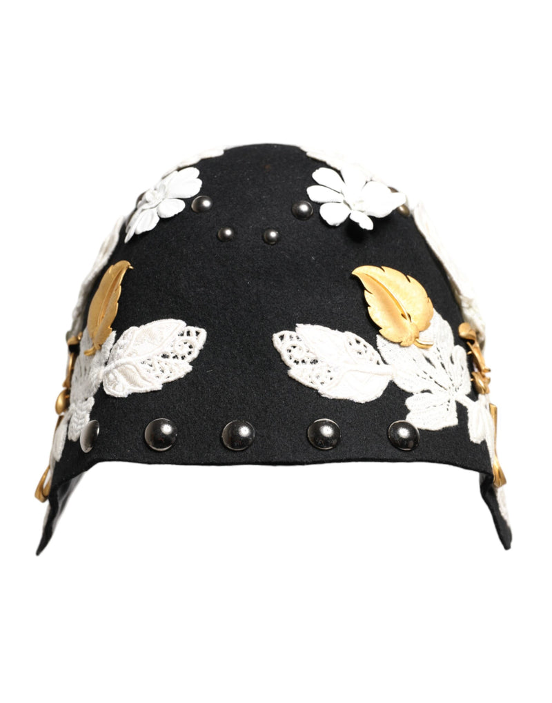 Black Wool White Floral Gold Leaf Cloche Hat-Dolce & Gabbana-LabelTerrace.com