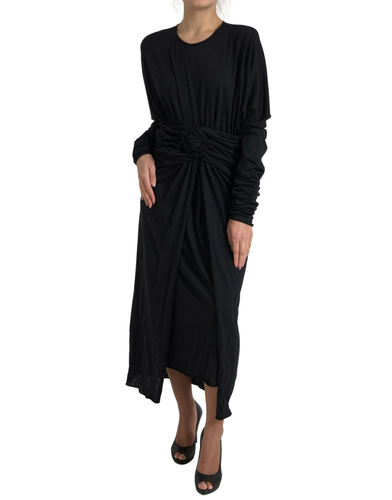 Black Wool Wrap Sheath Midi Gown Dress-Dolce & Gabbana-LabelTerrace.com