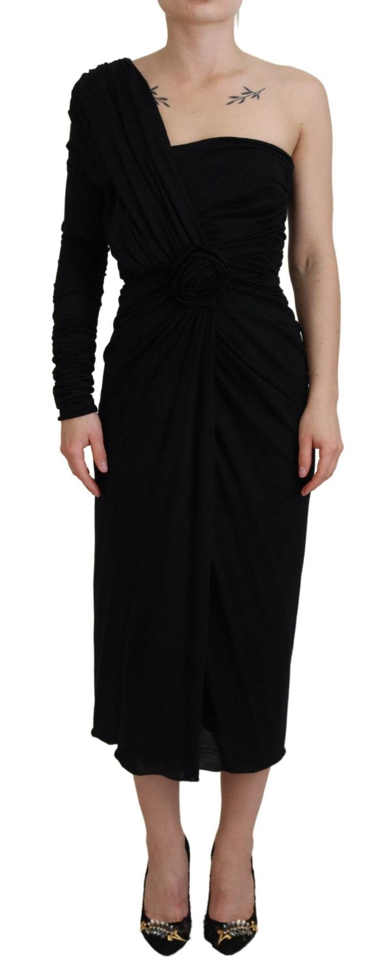 Black Wrap Sheath One Shoulder Wool Dress-Dolce & Gabbana-LabelTerrace.com