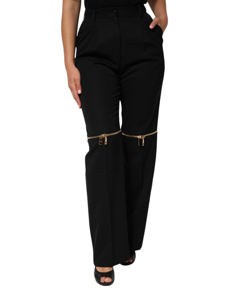 Black Zip Detailed Wool Straight Leg Pants-Dolce & Gabbana-LabelTerrace.com