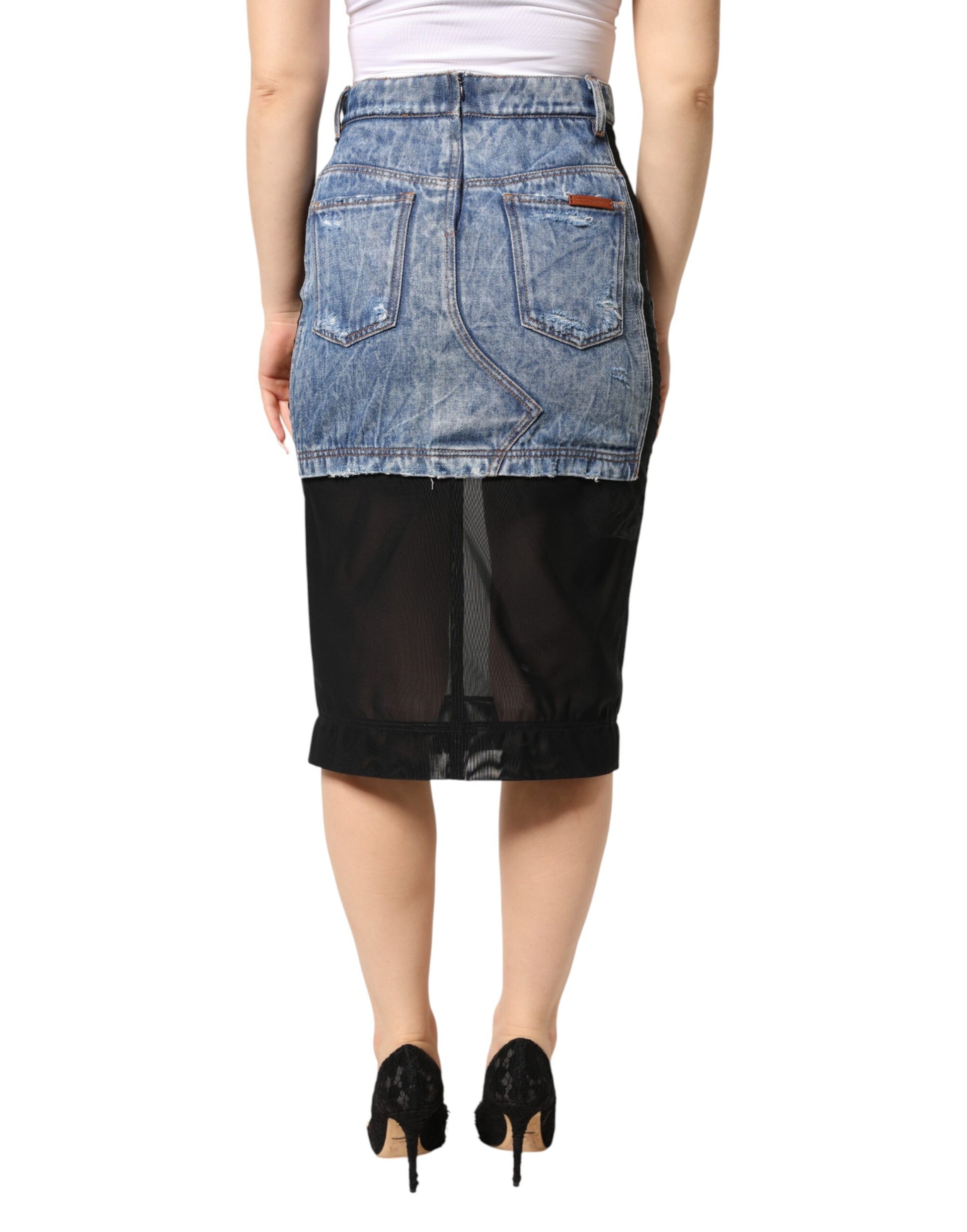 Blue Black Cotton Denim Sheer Midi Skirt