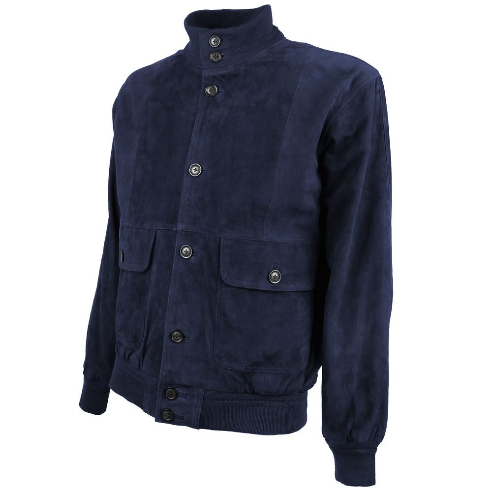 Blue Calfskin Men Bomber Jacket-Emilio Romanelli-LabelTerrace.com