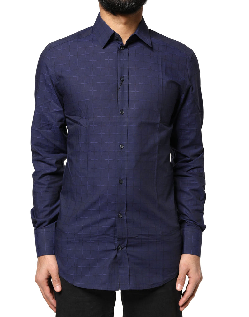 Blue Check Tartan GOLD Formal Dress Shirt-Dolce & Gabbana-LabelTerrace.com