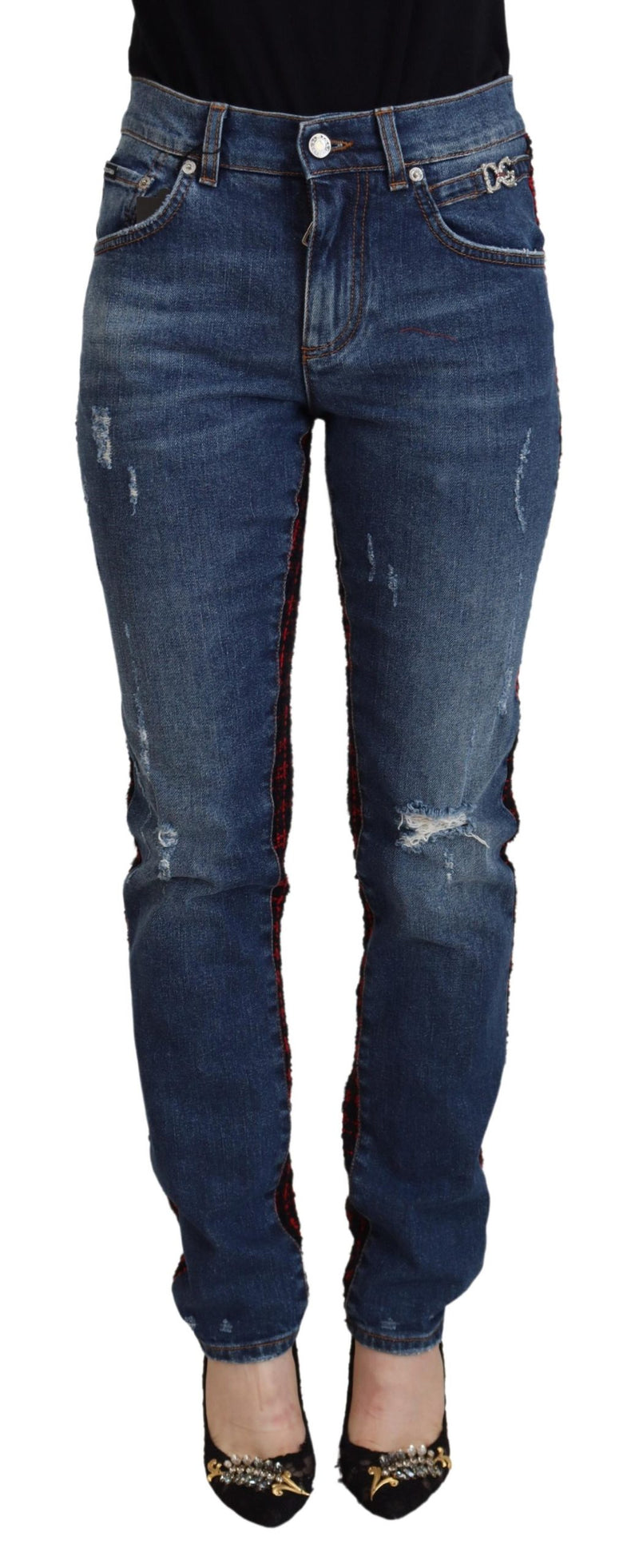Blue Checkered Back Skinny Denim Jeans-Dolce & Gabbana-LabelTerrace.com