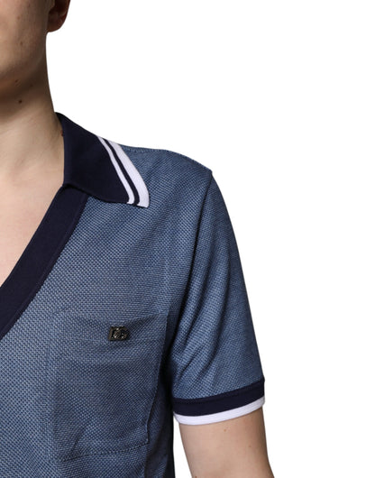 Blue Collared V-neck Silk Blend Polo T-shirt