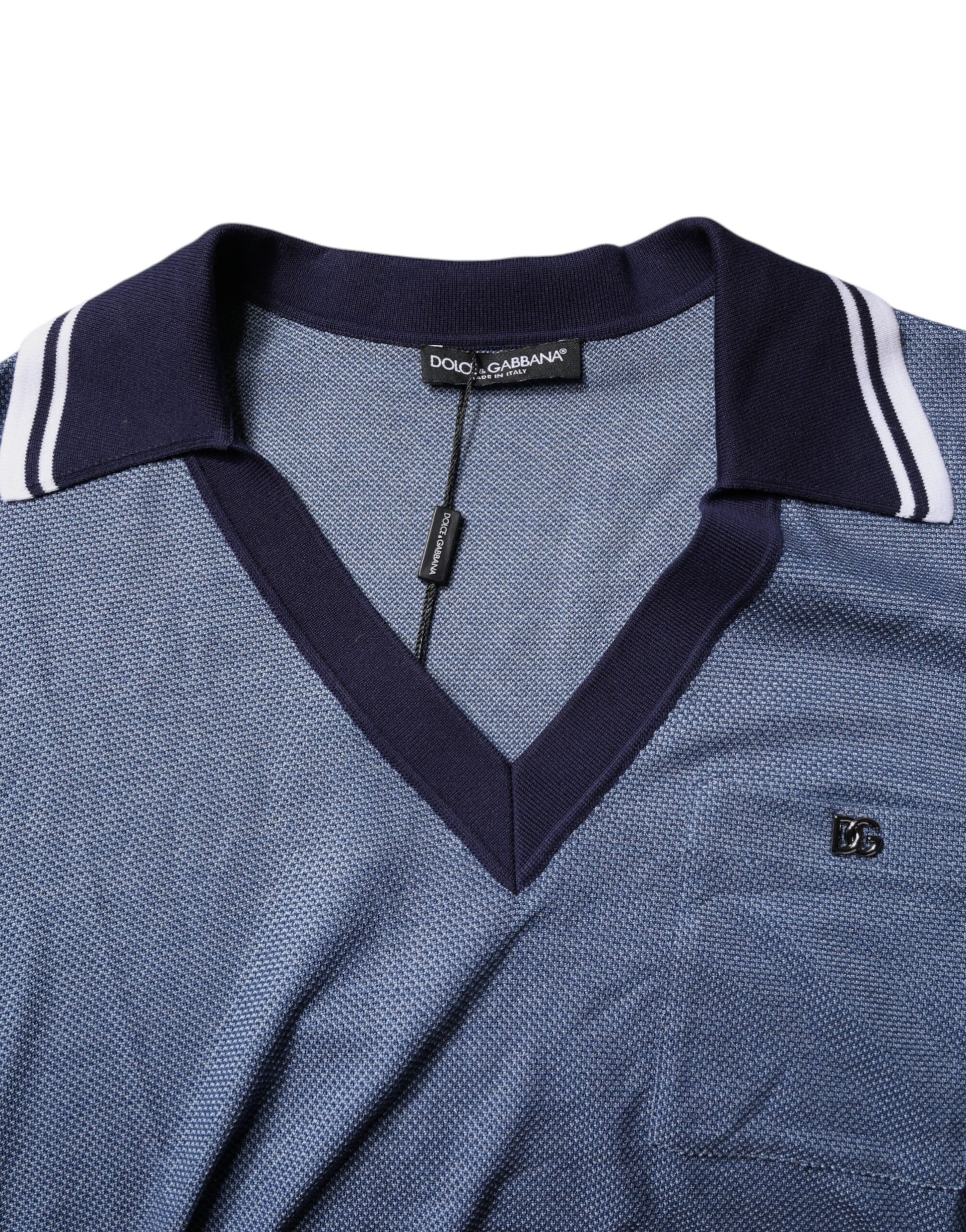 Blue Collared V-neck Silk Blend Polo T-shirt