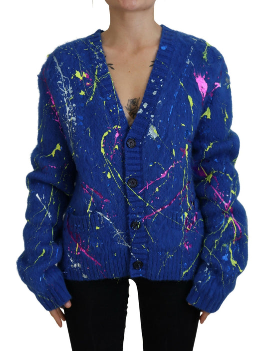 Blue Color Splash Mohair Cardigan Sweater