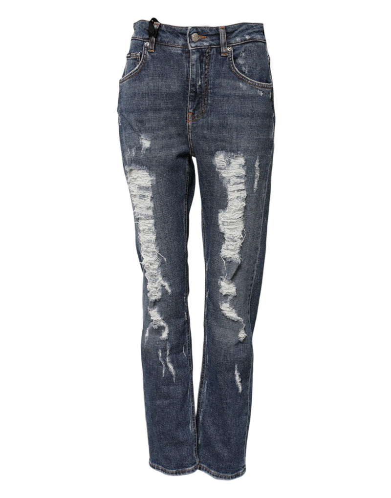 Blue Cotton Boyfriend Tattered Denim Jeans-Dolce & Gabbana-LabelTerrace.com