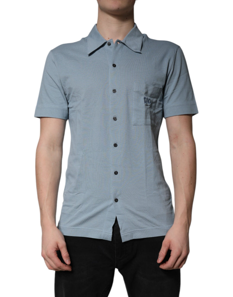 Blue Cotton Button Down Casual Men Polo Shirt-Dolce & Gabbana-LabelTerrace.com