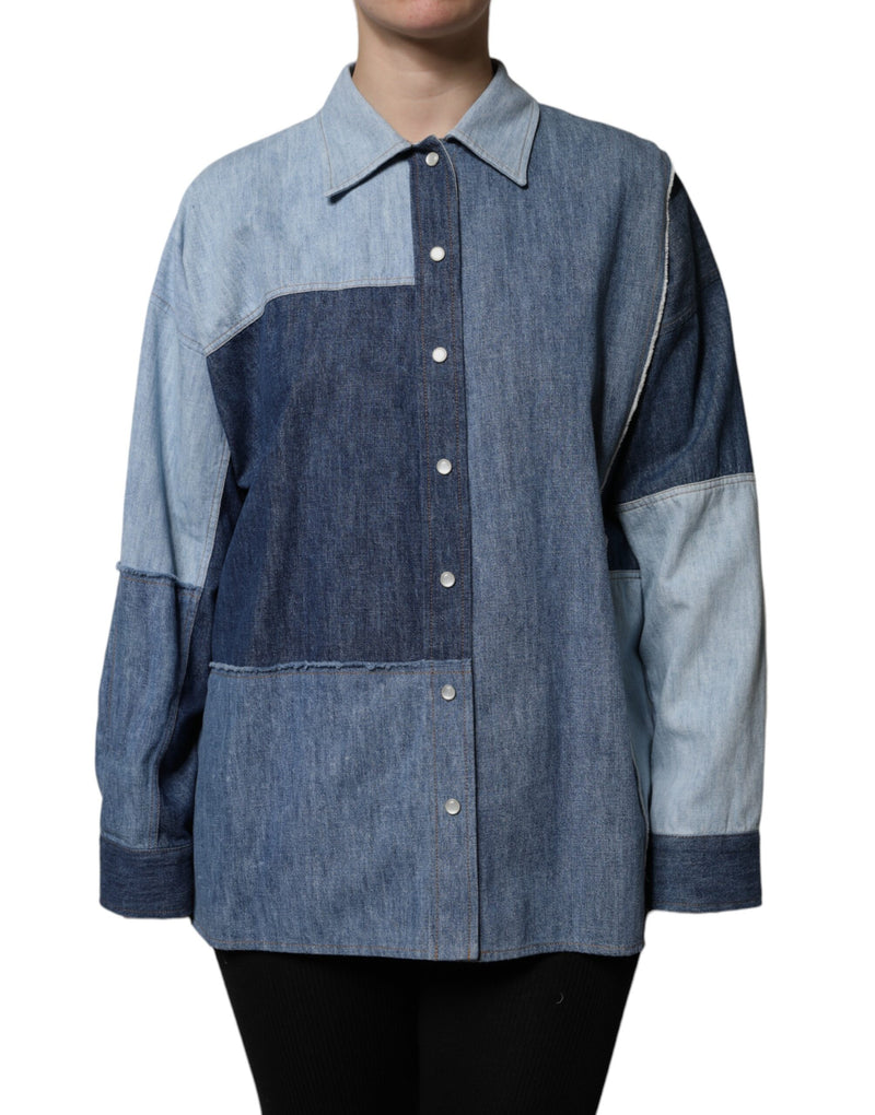 Blue Cotton Button Up Collared Long Sleeve Top-Dolce & Gabbana-LabelTerrace.com