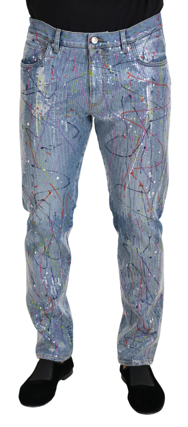 Blue Cotton Color Splash Print Denim Jeans-Dolce & Gabbana-LabelTerrace.com
