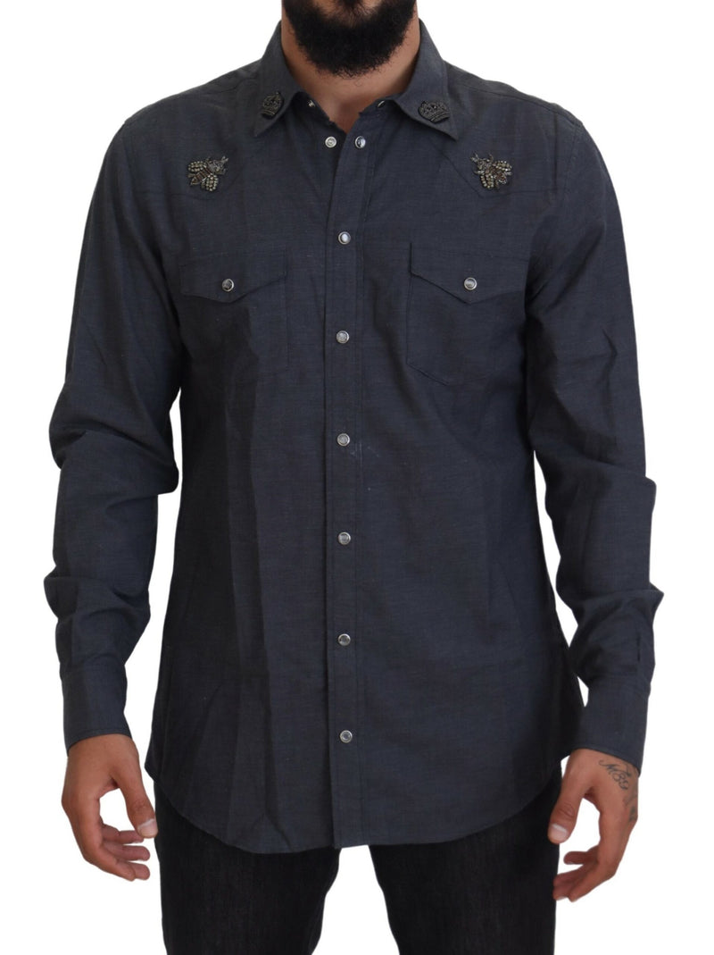 Blue Cotton Denim Crystal Bee Shirt-Dolce & Gabbana-LabelTerrace.com
