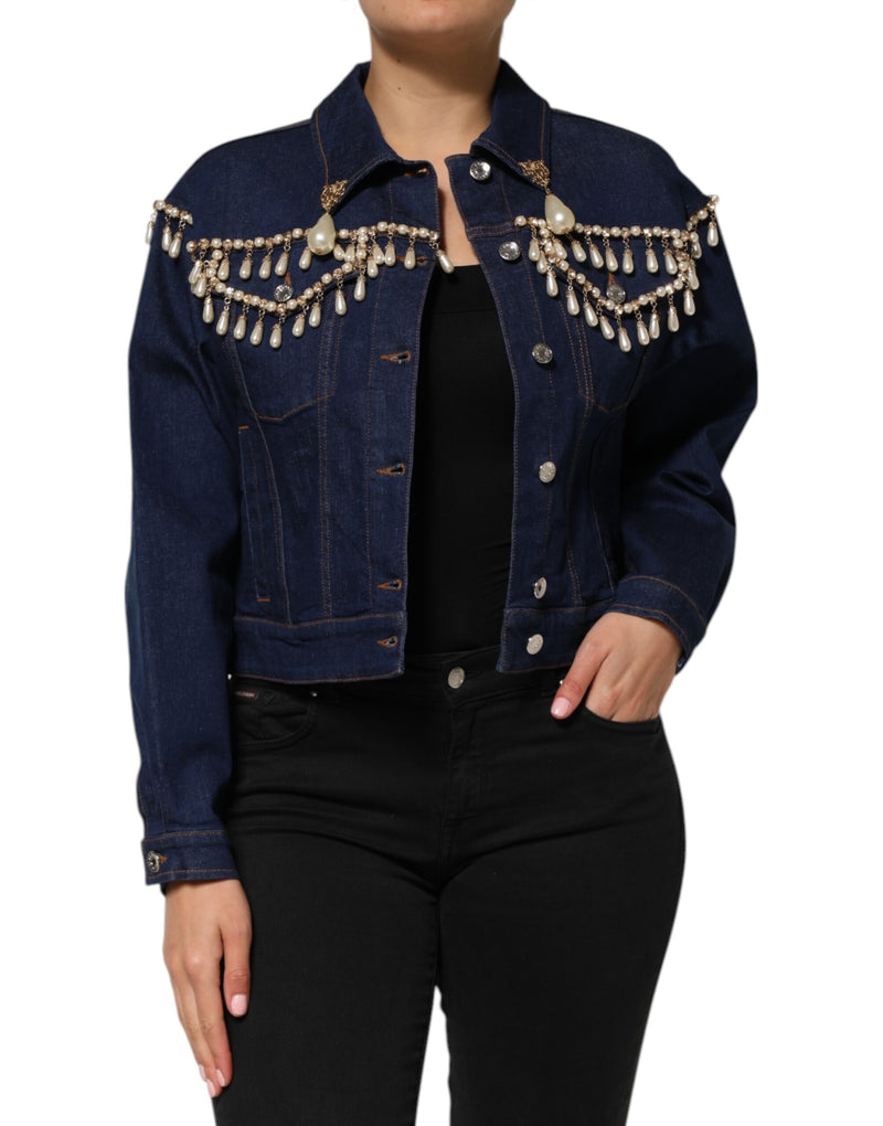 Blue Cotton Denim Crystal Embellished Jacket-Dolce & Gabbana-LabelTerrace.com