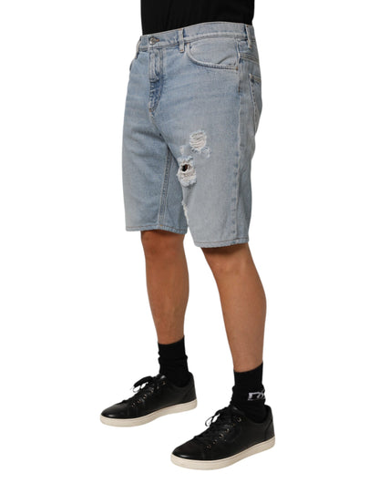 Blue Cotton Distressed Denim Bermuda Shorts