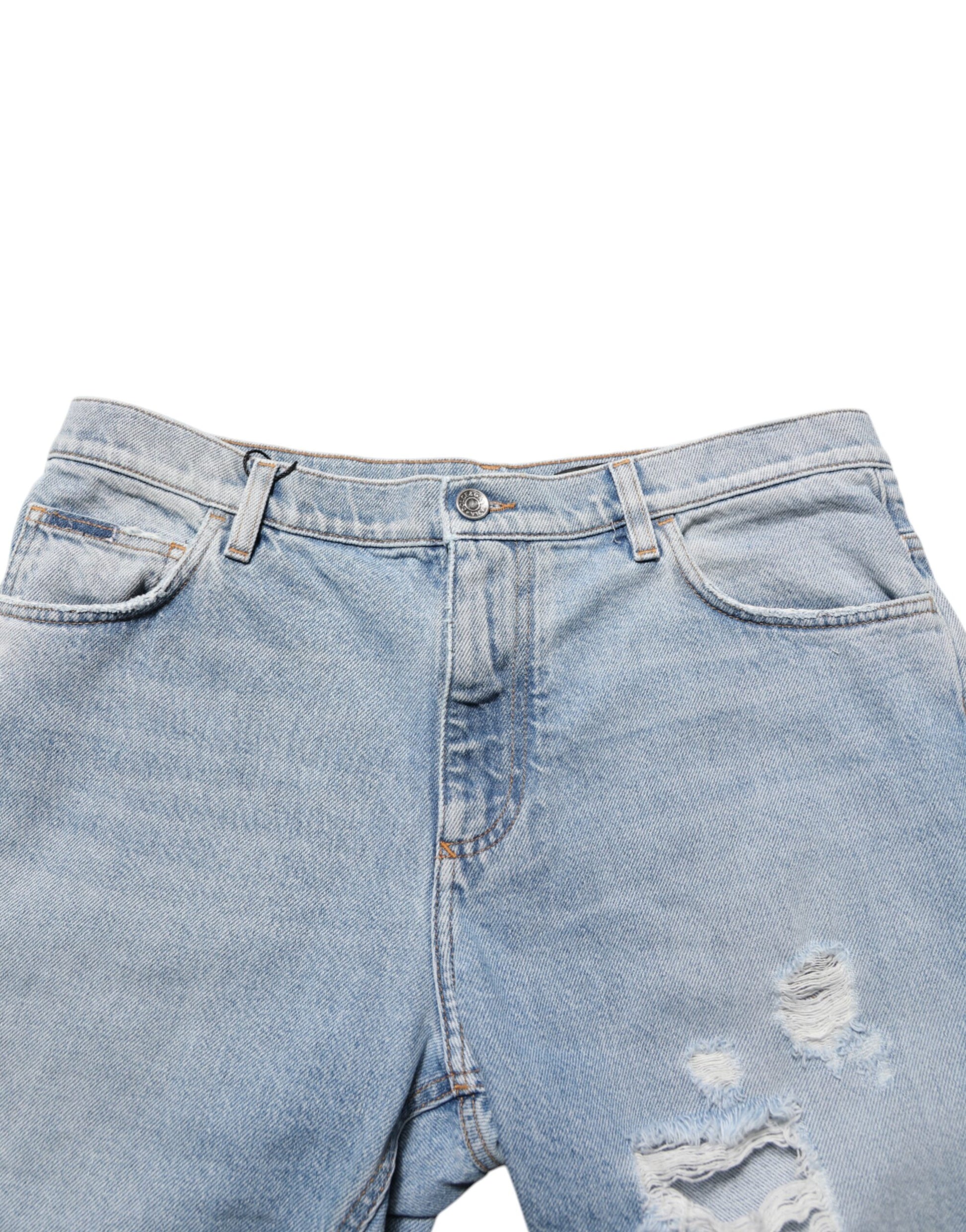 Blue Cotton Distressed Denim Bermuda Shorts