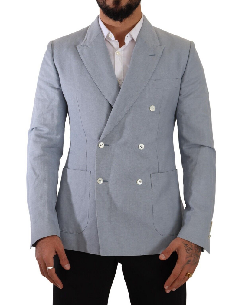 Blue Cotton Linen Slim Fit Jacket Coat Blazer-Dolce & Gabbana-LabelTerrace.com