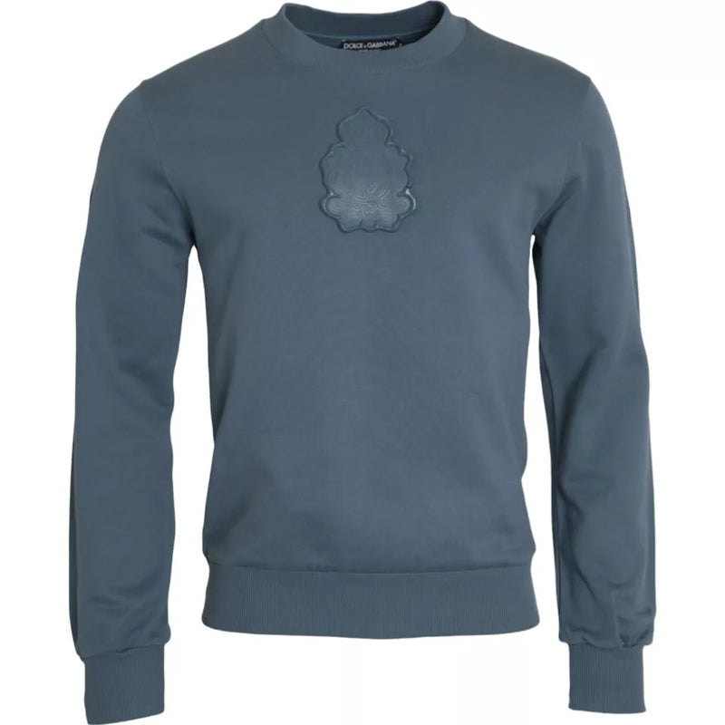 Blue Cotton Logo Patch Crew Neck Men Pullover Sweater-Dolce & Gabbana-LabelTerrace.com