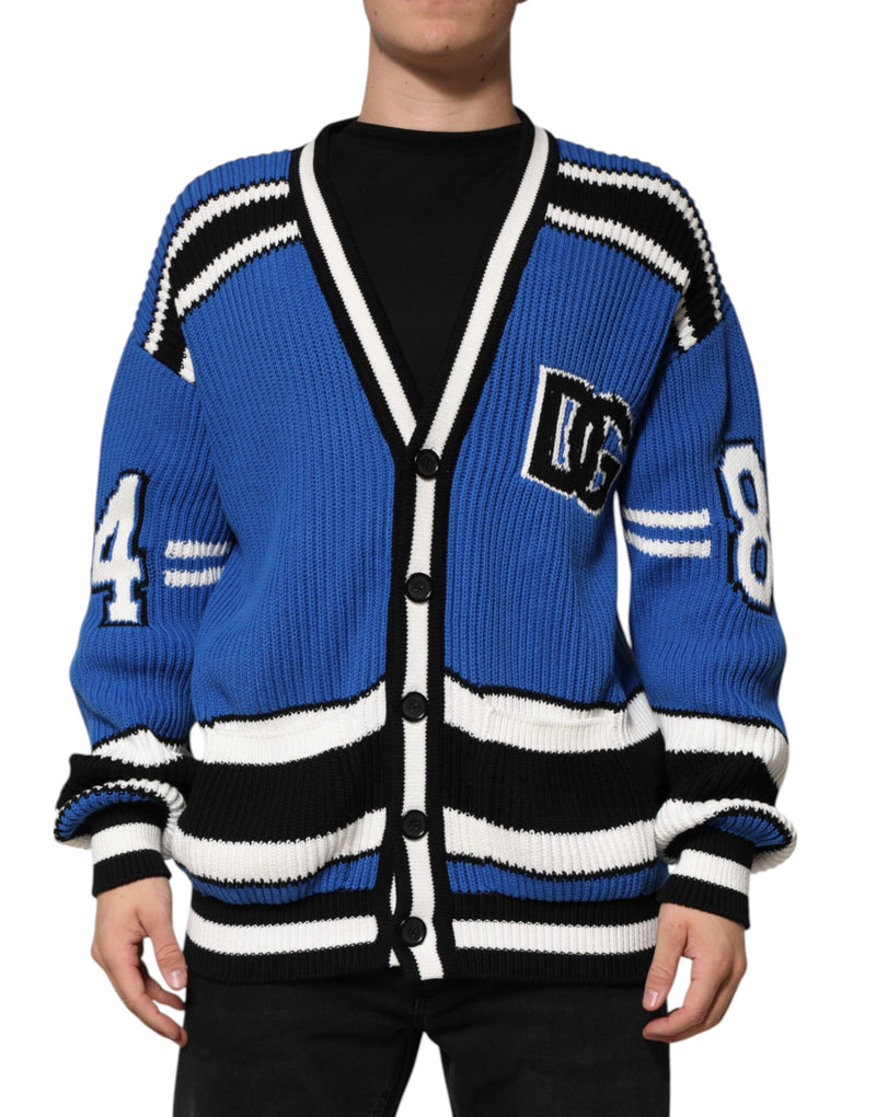 Blue Cotton Logo Patch Ribbed Knit Cardigan Sweater-Dolce & Gabbana-LabelTerrace.com