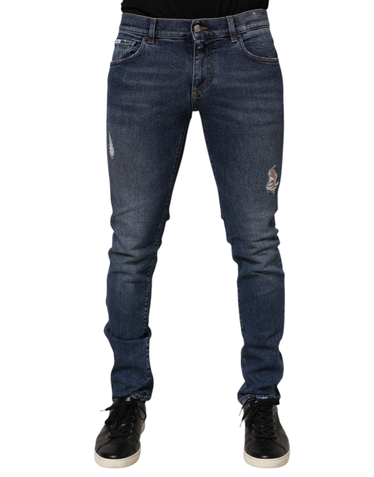 Blue Cotton Logo Plaque Skinny Men Denim Jeans-Dolce & Gabbana-LabelTerrace.com