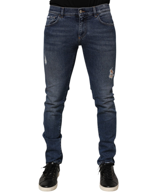 Blue Cotton Logo Plaque Skinny Men Denim Jeans-Dolce & Gabbana-LabelTerrace.com