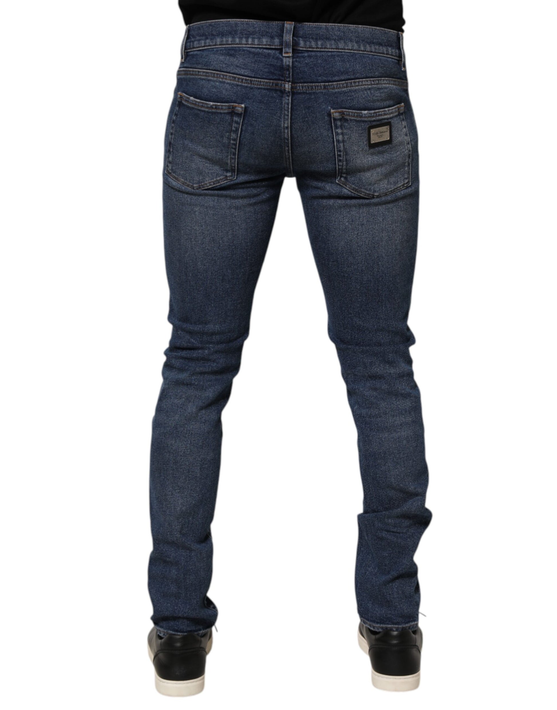 Blue Cotton Logo Plaque Skinny Men Denim Jeans-Dolce & Gabbana-LabelTerrace.com