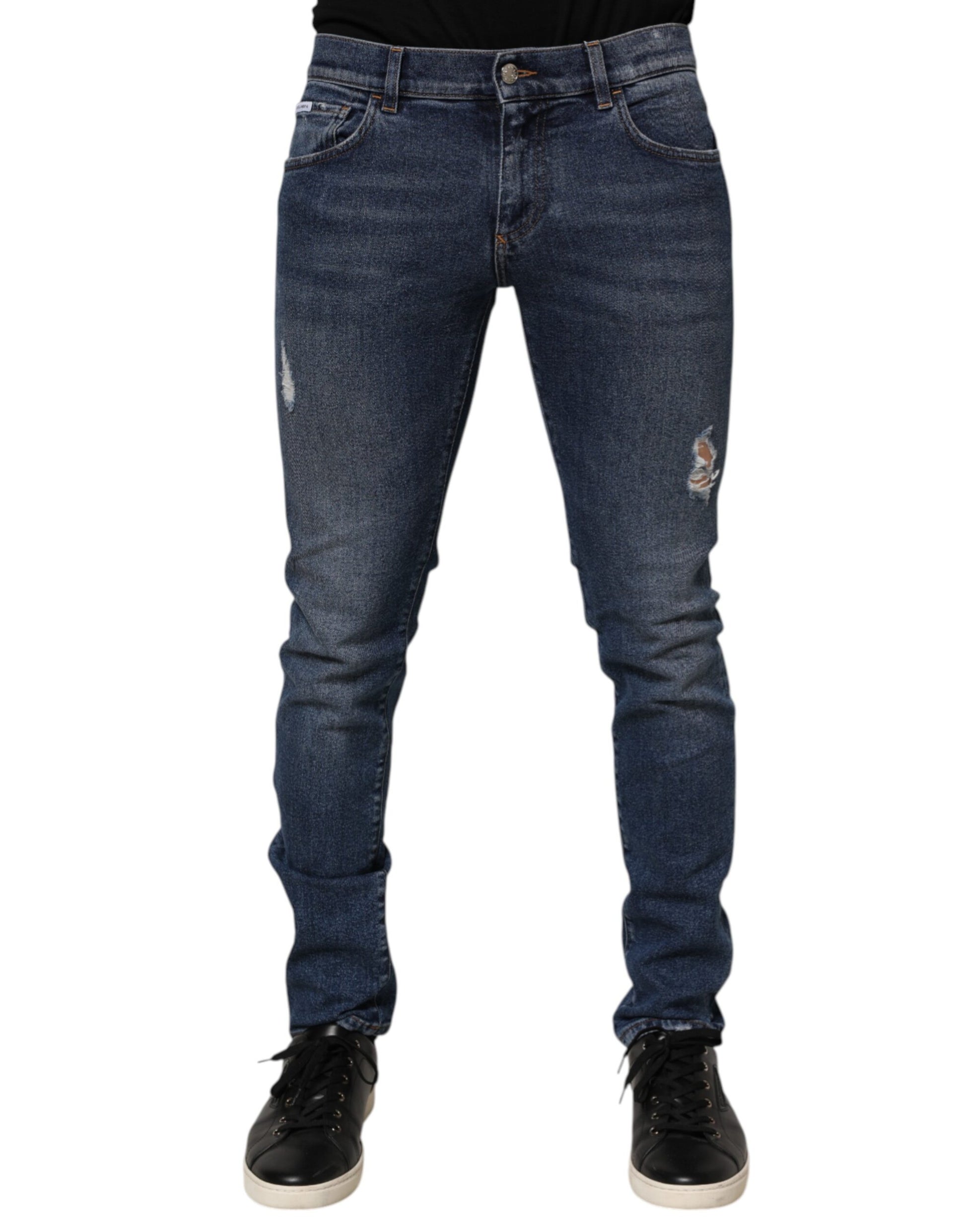Blue Cotton Logo Plaque Skinny Men Denim Jeans-Dolce & Gabbana-LabelTerrace.com
