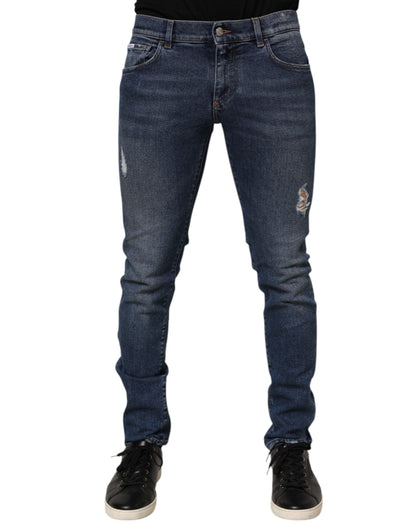 Blue Cotton Logo Plaque Skinny Men Denim Jeans-Dolce & Gabbana-LabelTerrace.com