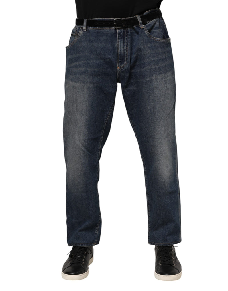 Blue Cotton Logo Plaque Slim Denim Jeans-Dolce & Gabbana-LabelTerrace.com