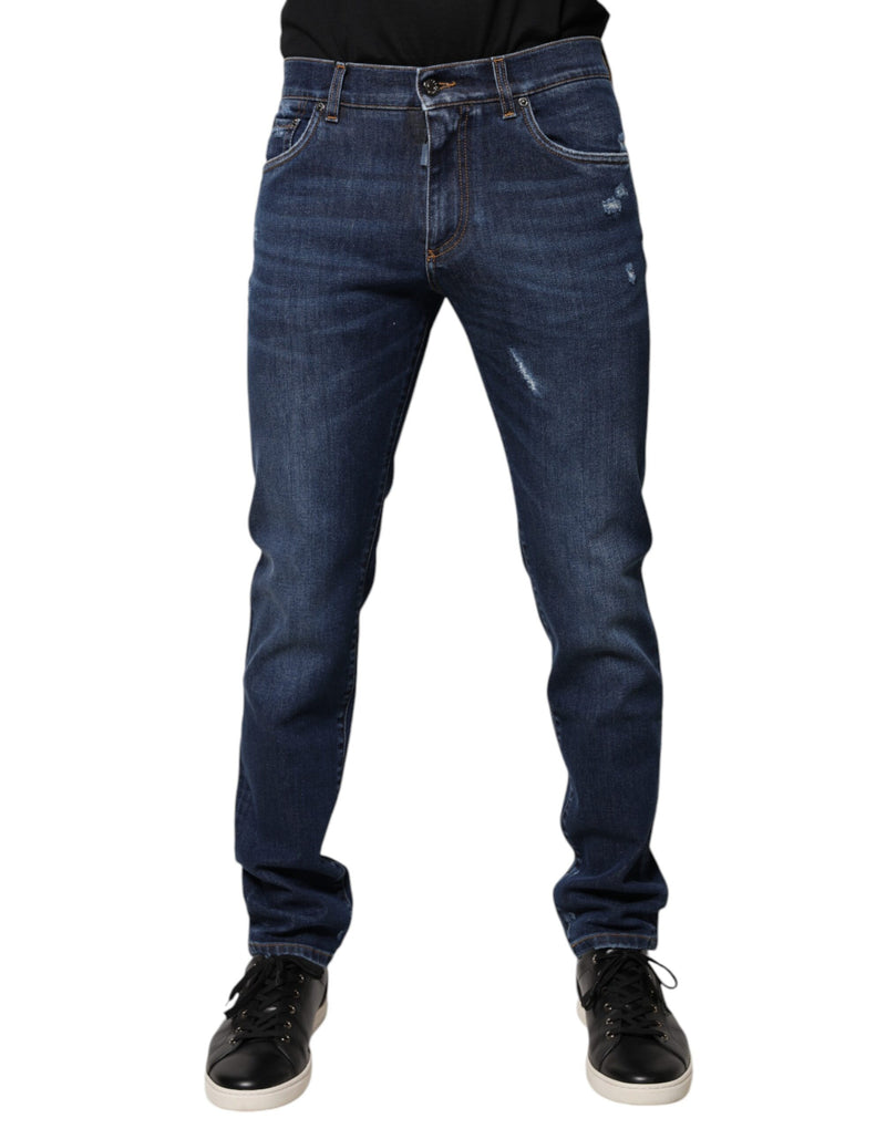 Blue Cotton Logo Print Slim Fit Denim Jeans-Dolce & Gabbana-LabelTerrace.com