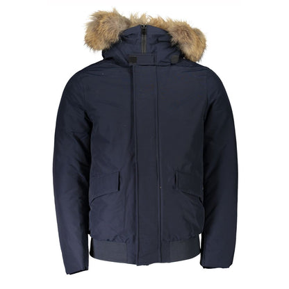 Blue Cotton Men's Jacket with Removable Hood