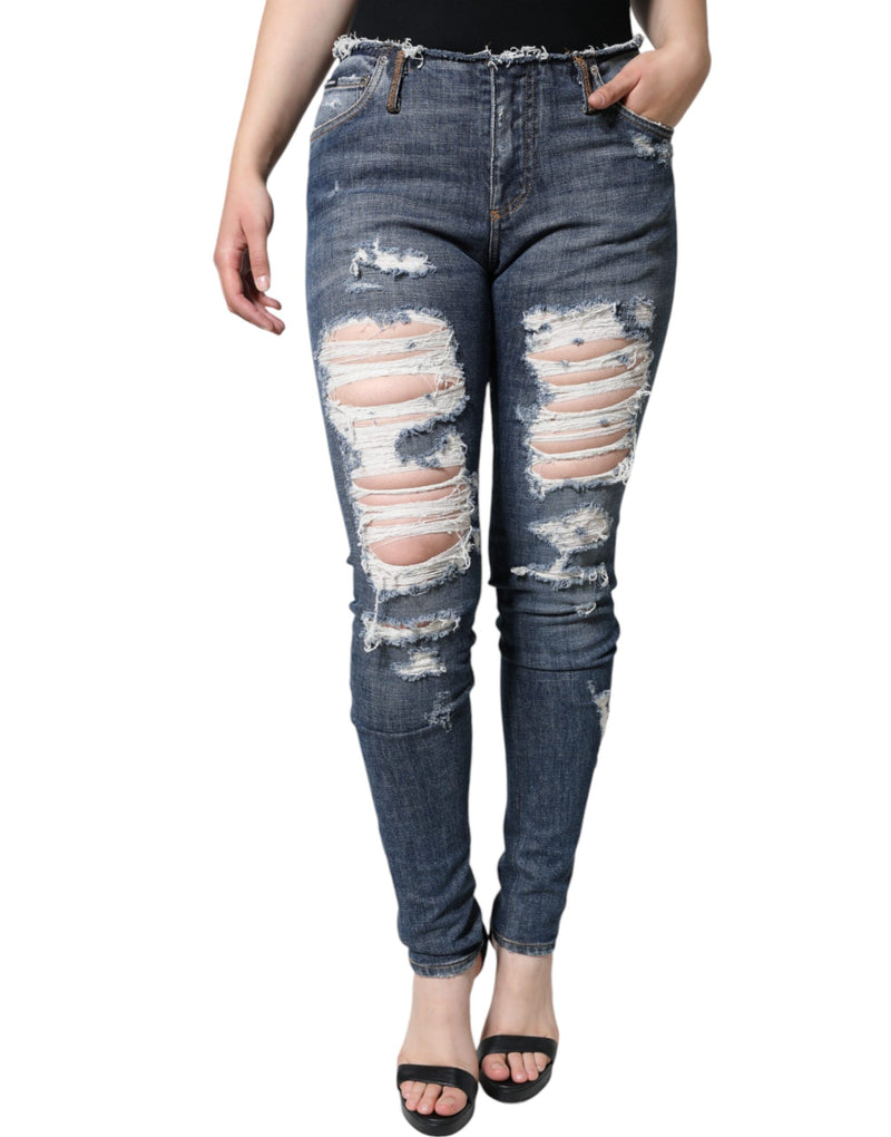 Blue Cotton Stretch Tattered Skinny Jeans-Dolce & Gabbana-LabelTerrace.com