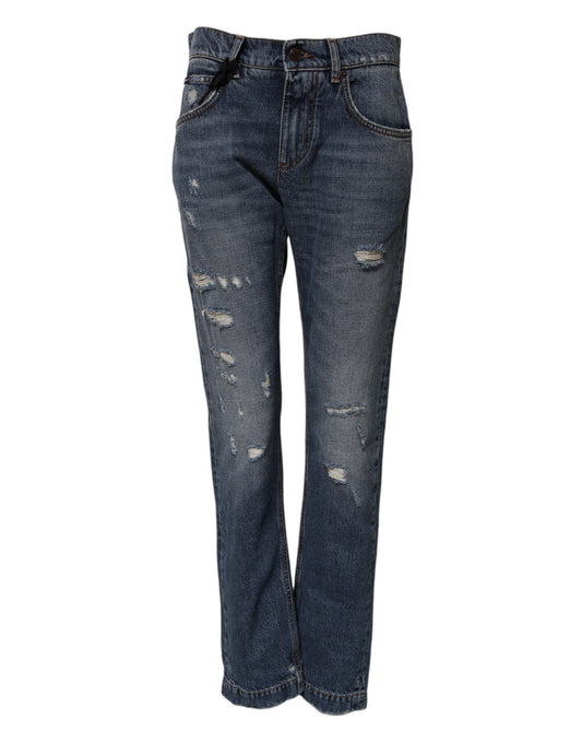 Blue Cotton Tattered Boyfriend Denim Jeans-Dolce & Gabbana-LabelTerrace.com