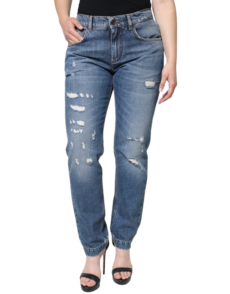 Blue Cotton Tattered Boyfriend Denim Jeans-Dolce & Gabbana-LabelTerrace.com