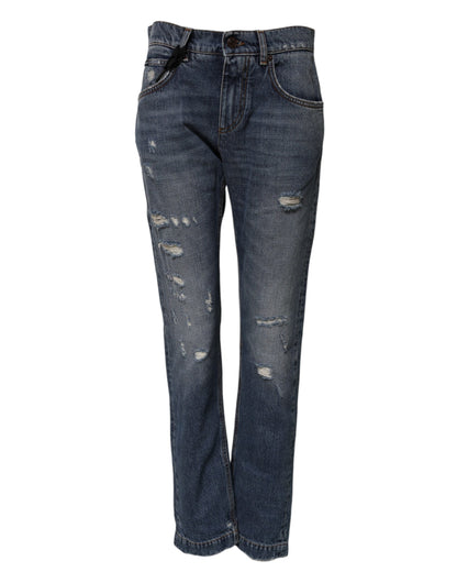 Blue Cotton Tattered Boyfriend Denim Jeans-Dolce & Gabbana-LabelTerrace.com