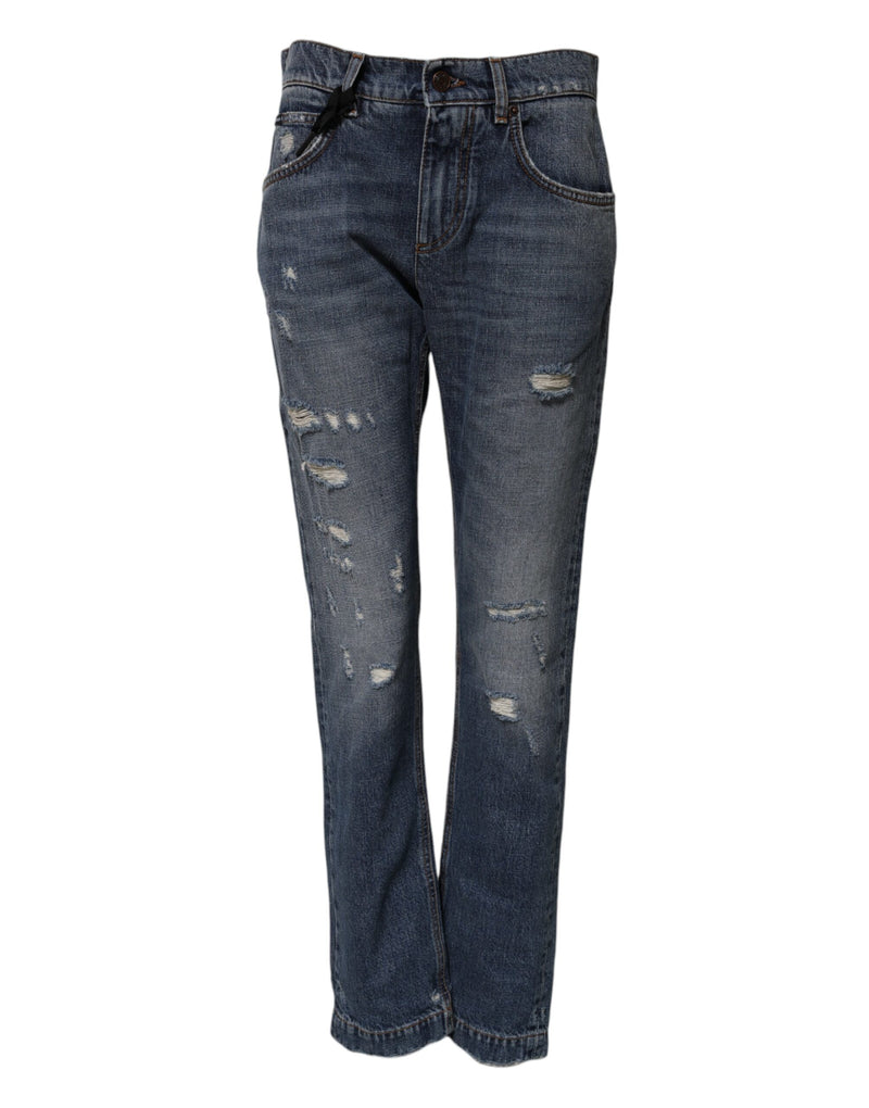 Blue Cotton Tattered Boyfriend Denim Jeans-Dolce & Gabbana-LabelTerrace.com