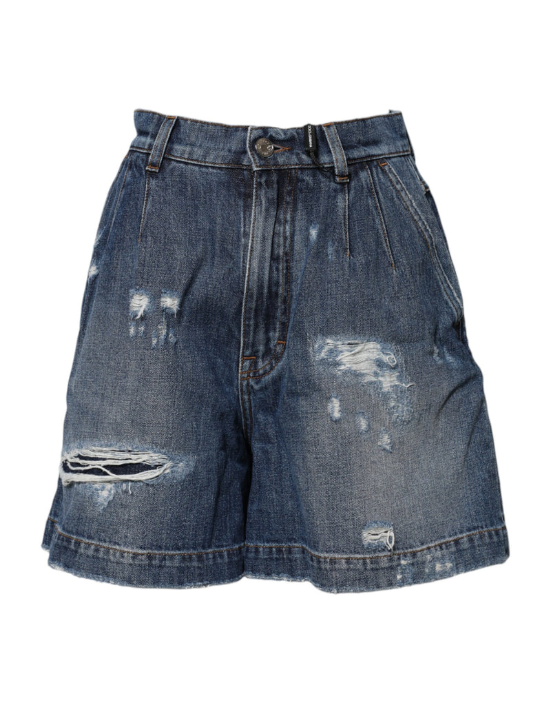 Blue Cotton Tattered Denim Bermuda Shorts-Dolce & Gabbana-LabelTerrace.com