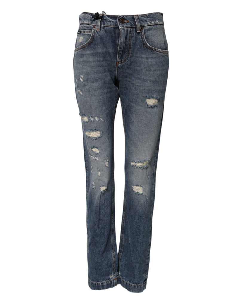 Blue Cotton Tattered Mid Waist Denim Jeans-Dolce & Gabbana-LabelTerrace.com