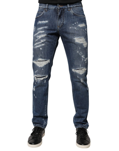 Blue Cotton Tattered Skinny Denim Jeans-Dolce & Gabbana-LabelTerrace.com
