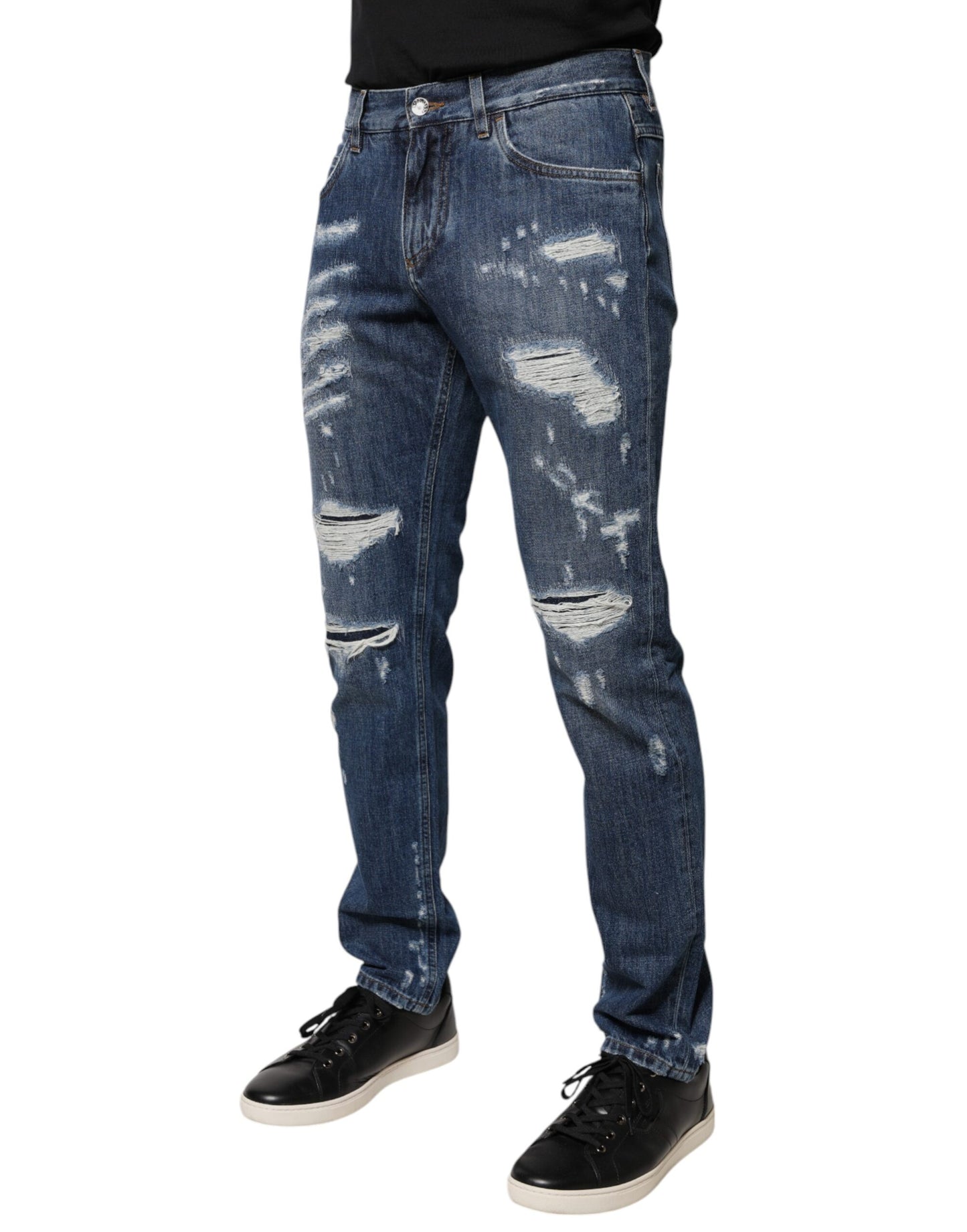 Blue Cotton Tattered Skinny Denim Jeans-Dolce & Gabbana-LabelTerrace.com