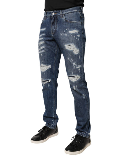 Blue Cotton Tattered Skinny Denim Jeans-Dolce & Gabbana-LabelTerrace.com